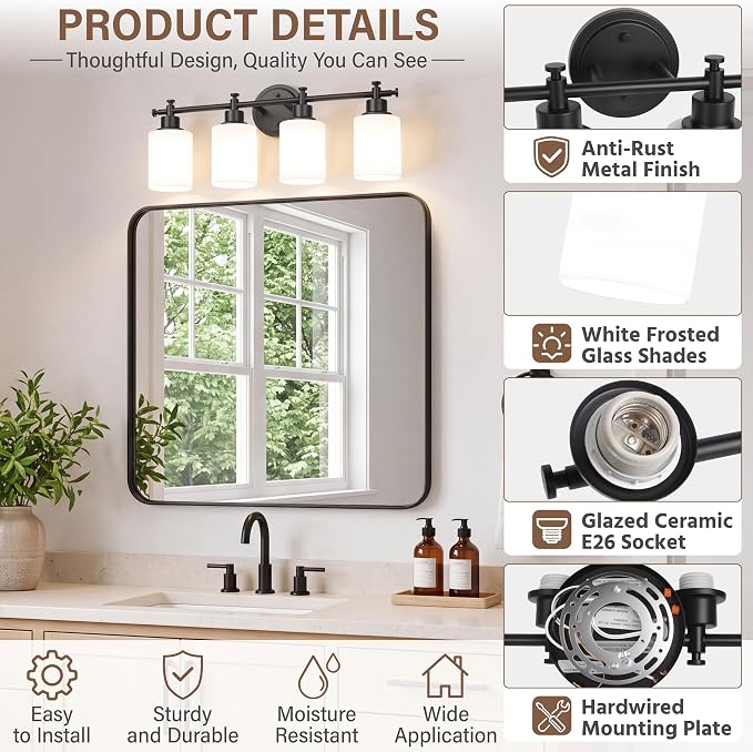 4 Light Bathroom Vanity Light Fixture Over Mirror, Black, 23'' | Vanity Lights for Bathroom, Bedroom, Living Room, White Frosted Glass Shades, Modern, E26(Bulbs Not Included)