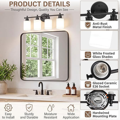 4 Light Bathroom Vanity Light Fixture Over Mirror, Black, 23'' | Vanity Lights for Bathroom, Bedroom, Living Room, White Frosted Glass Shades, Modern, E26(Bulbs Not Included)