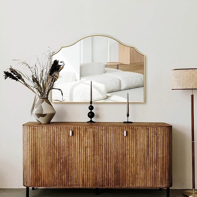 Besdomus Gold Scalloped Dresser Mirror: 35"x26" Wooden Bathroom Mirror | Modern Minimalist Decorative Arched Wall Mirror for Vanity/Mantel/Bedroom/Entryway/Fireplace/Nightstand/Dining Room/Over Sink