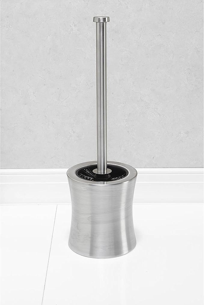 Bath Bliss Hour Glass Shape Weighted Bottom Toilet Brush & Holder Set, Heavy Duty Brush, Silver, 4.5"L x 4.5"W x 15.4"H