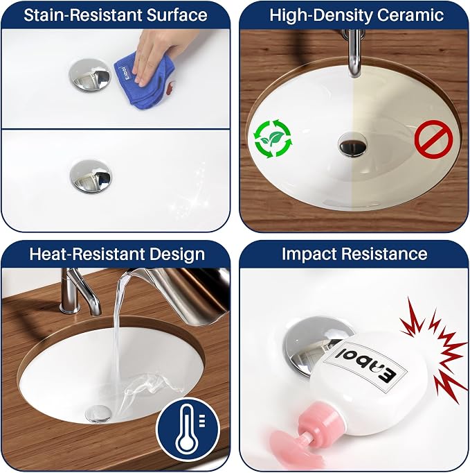 Enbol 15x12 inch Oval Undermount Ceramic Bathroom Sink - White Porcelain Vessel Lavatory Basin with Overflow, Countertop Vanity Sink ECU1512