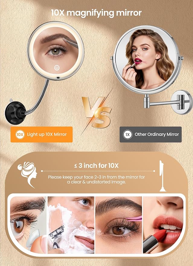 10x Makeup Mirror with Lights, Flexible Magnifying Mirror 3 Light Modes | Wall-Mounted Lighted Vanity Makeup Mirror, Cordless Battery Operated LED Mirror with Suction Cups for Shower Bathroom