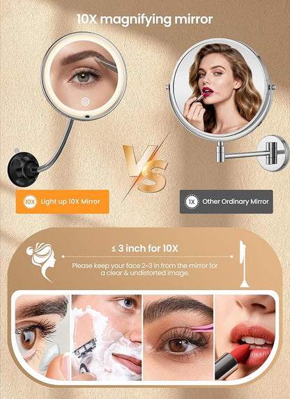 10x Makeup Mirror with Lights, Flexible Magnifying Mirror 3 Light Modes | Wall-Mounted Lighted Vanity Makeup Mirror, Cordless Battery Operated LED Mirror with Suction Cups for Shower Bathroom