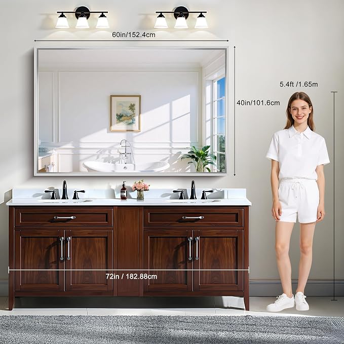 CIRCUMI 60"x40" Brushed Silver Bathroom Mirror, Double Sink Vanity Mirror | Chunky Box Metal Frame, Shatterproof, Tempered Glass, Bathroom Remodel&New Home, Large Rectangular Mirror for Living Room