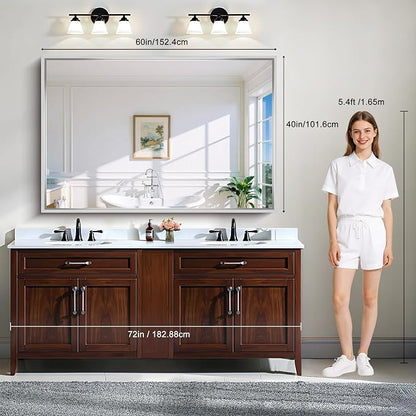 CIRCUMI 60"x40" Brushed Silver Bathroom Mirror, Double Sink Vanity Mirror | Chunky Box Metal Frame, Shatterproof, Tempered Glass, Bathroom Remodel&New Home, Large Rectangular Mirror for Living Room