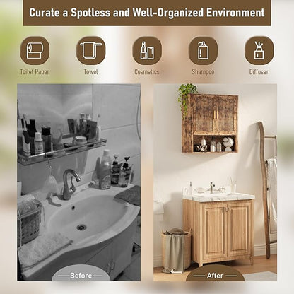 Bathroom Wall Cabinet, Wall-Mounted Medicine Cabinet with Adjustable Wood Shelf & Doors, Floating Bathroom Cabinet Over Toilet for Laundry Room & Kitchen & Living Room (Retro)