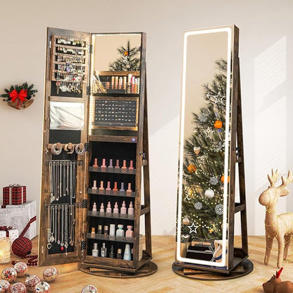 GOFLAME 360° Swivel Jewelry Cabinet Armoire with Full Length Mirror, Standing Jewelry Storage Organizer with Rear Storage Shelves, 3-Color LED Lights, Foldable Shelf, Interior Mirror, Rustic Brown