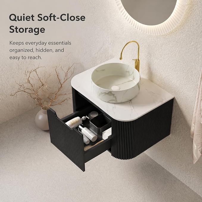 24 Inch Bathroom Vanity with Sink, Floating Wall Mounted Single Sink Vanity for Small Baths, Black Curved Fluted Front, Stone Top, Marble-Look Round Vessel Basin, Pre-Assembled