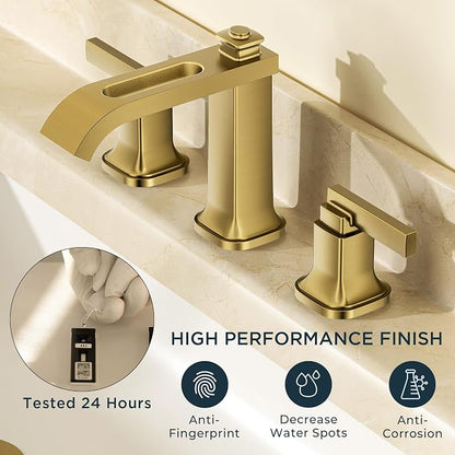 FORIOUS Bathroom Faucet 3 Hole Widespread Sink Faucets Brushed Gold | 3-hole 4-12 Inch Widespread Sink, Square Waterfall Spout, with Drain and Hoses,for Vanity Rv Commercial Lavatory Restroom