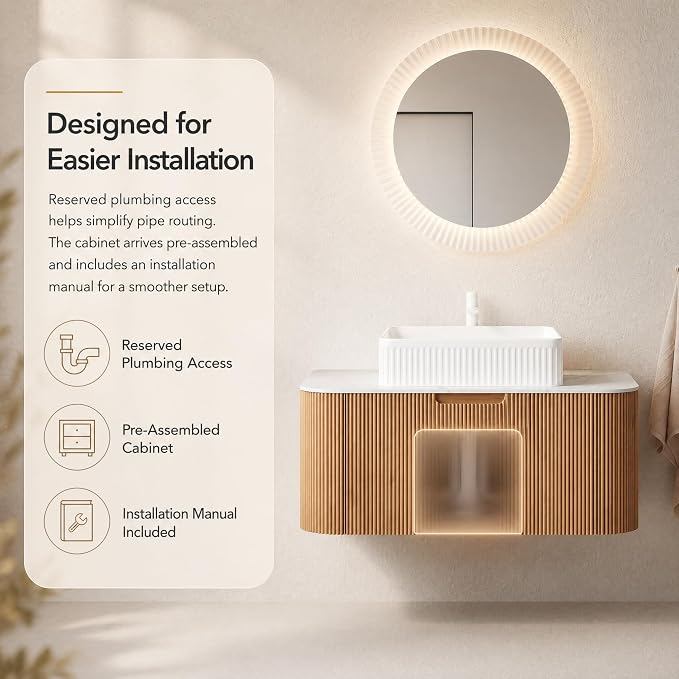 36 Inch Bathroom Vanity with Sink, Floating Wall Mounted Single Sink Vanity, Natural Woodgrain Curved Fluted Front, Stone Top, White Textured Rectangular Vessel Basin, Pre-Assembled