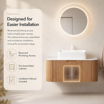 36 Inch Bathroom Vanity with Sink, Floating Wall Mounted Single Sink Vanity, Natural Woodgrain Curved Fluted Front, Stone Top, White Textured Rectangular Vessel Basin, Pre-Assembled