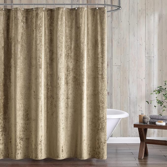 Fredsure Distressed Velvet Shower Curtain Set, 13 Pieces Khaki Including 1 Piece 72"x72" Shower Curtain and 12 Pieces Silver Hooks