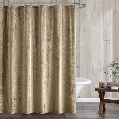 Fredsure Distressed Velvet Shower Curtain Set, 13 Pieces Khaki Including 1 Piece 72"x72" Shower Curtain and 12 Pieces Silver Hooks