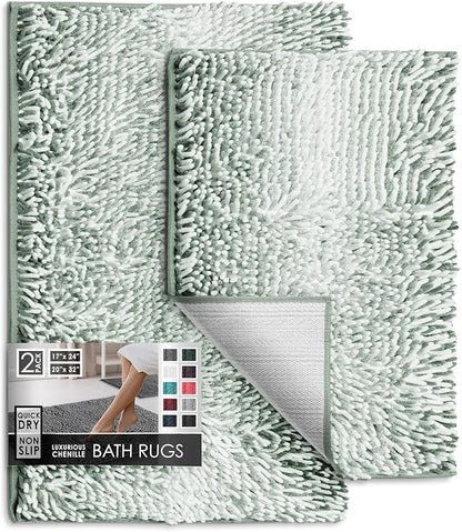 Hearth & Harbor Bathroom Rugs, Chenille Bath Mat - Machine Washable Bath Mats for Bathroom Non-Slip Backing Rubber, Quick Dry Bathroom Mat, 17 x 24 + 20 x 32 - Ombre Green