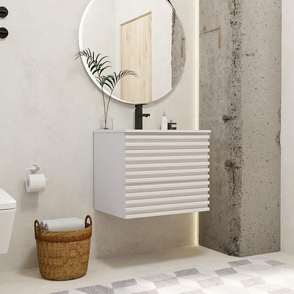eclife 24" Floating Bathroom Vanity with Sink Combo Mid-Century Wall Mounted Cabinet with Wood Stripes Decor, Drawers, Undermount Single Sink, Faucet, Drain, Mixed White