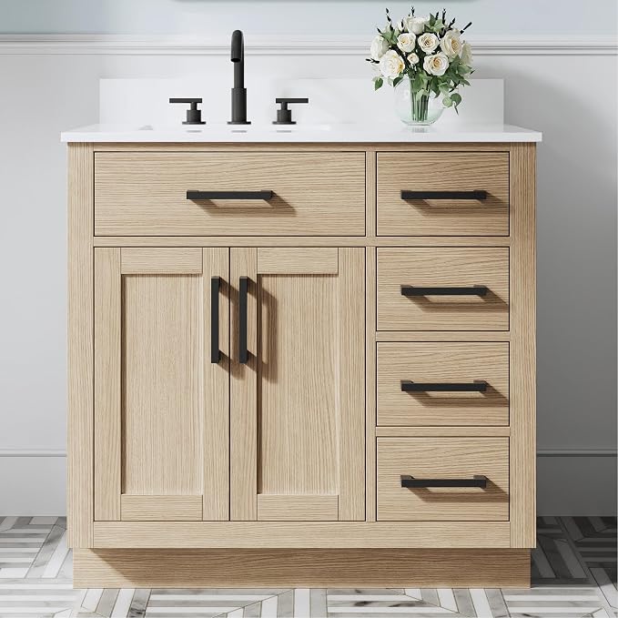 36-Inch Bathroom Vanity with Sink W/ 2 Doors & 4 Drawers & 1 Flip Drawer, Oak Vanity W/Matte Black Handles