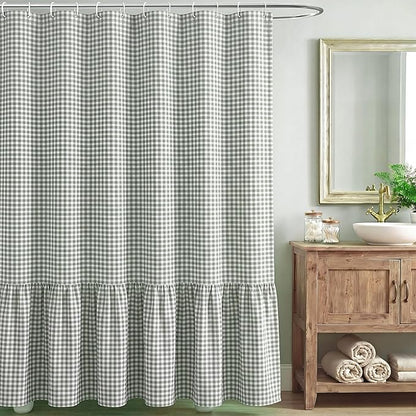 HunnmingRe Ruffle Hem Gingham Shower Curtain Sage Green | 72'' x 72'' Vintage Farmhouse Curtain, Cotton Cottage Core Rural Checkered Plaid Decor, Fall Shower Curtain for Bathroom