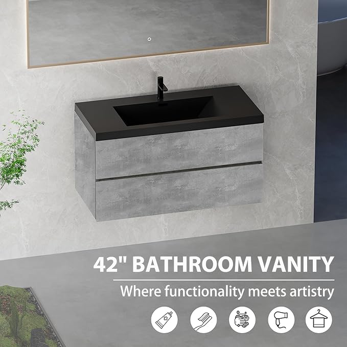 Floating Vanity Bathroom, 42 Inch Bathroom Vanity with Sink, Wall Mounted Single Sink Bathroom Vanity, Soft Closed 2 Drawers, Integrated Sink (Dark Birch)
