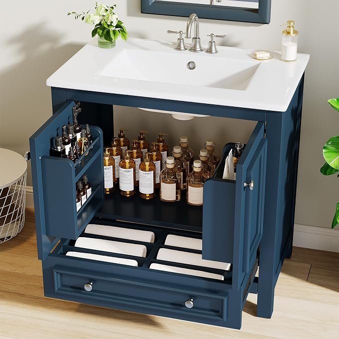 Tribesigns 30" Bathroom Vanity with Sink, Freestanding Bathroom Vanities Cabinet with Ceramic Basin Combo, Bathroom Sink Cabinet with 2 Doors and 1 Drawer, Solid Wooden Frame (Misty Blue, 30 INCH)