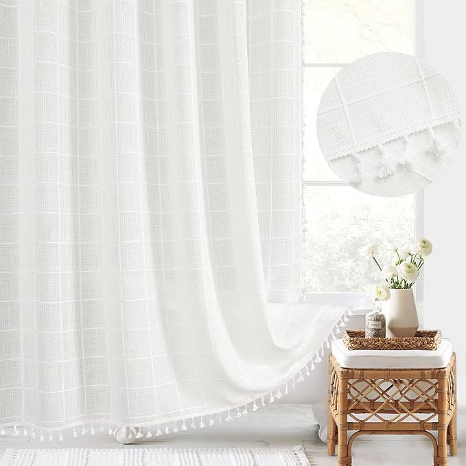 Long Boho Farmhouse Shower Curtain for Bathroom 72x78 | Long French Country Plaid Tassel Shower Curtain, Rustic Aesthetic Bathroom Decor Windows Curtain, White