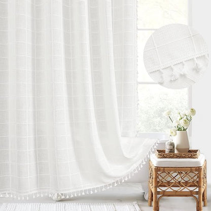 Long Boho Farmhouse Shower Curtain for Bathroom 72x78 | Long French Country Plaid Tassel Shower Curtain, Rustic Aesthetic Bathroom Decor Windows Curtain, White