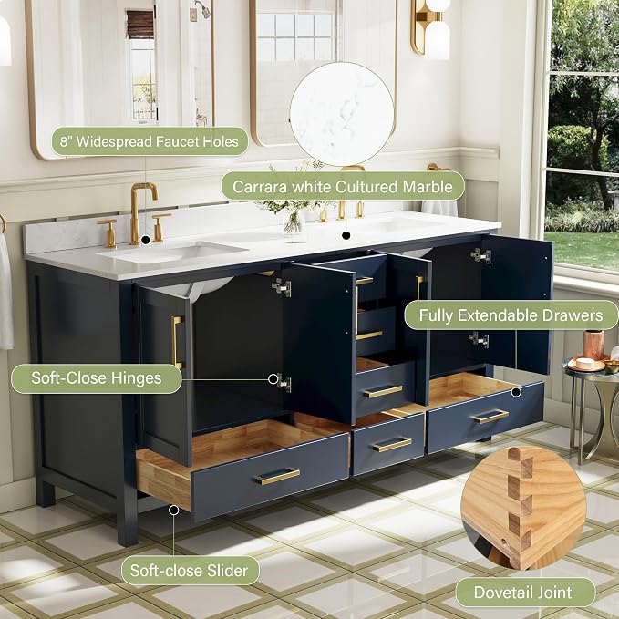 72-Inch Bathroom Vanity with Sink, 4 Soft-Close Doors and 6 Soft-Close Drawers, Bathroom Freestanding Vanity with Cultured Marble Countertop, Navy Blue Vanity W/Gold Handles