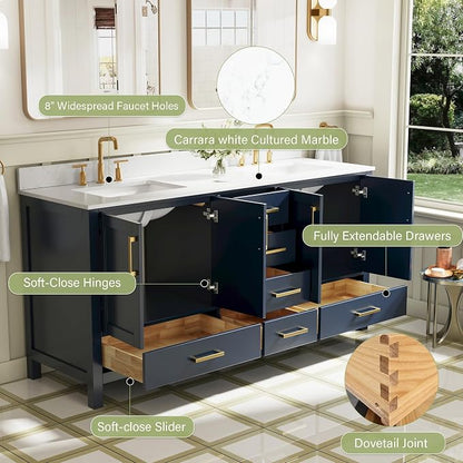 72-Inch Bathroom Vanity with Sink, 4 Soft-Close Doors and 6 Soft-Close Drawers, Bathroom Freestanding Vanity with Cultured Marble Countertop, Navy Blue Vanity W/Gold Handles