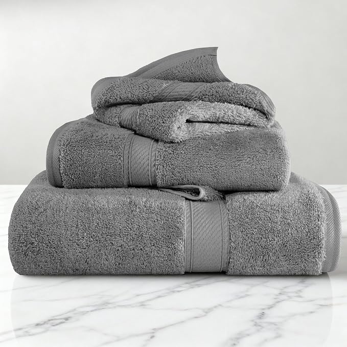SUPERIOR Egyptian Cotton Ultra Plush & Absorbent, 3 Piece Set, Charcoal | Quick Dry, Soft Luxury Towel Set, Bath Essentials, Guest Bath, Spa, 1 Bath, 1 Hand, 1 Face Towels, Madeline Towels
