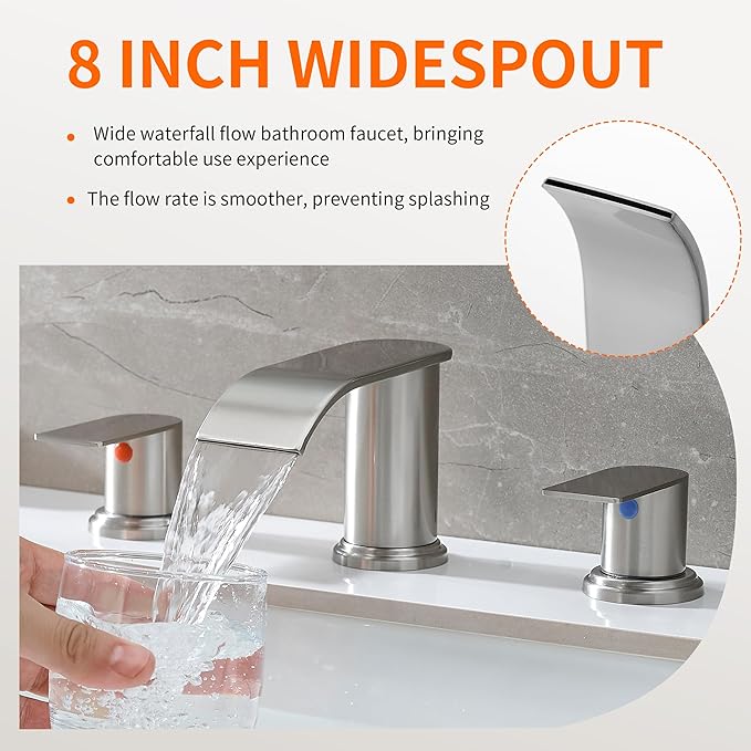 Waterfall Bathroom Faucet 3 Holes, 8 Inch Brushed Nickel Widespread Faucet Bathroom with Pop Up Drain Bathrooms Basin Lavatory Mixer Tap with Deck Mount Plate