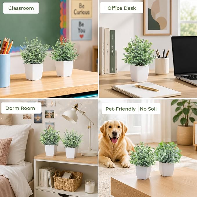Der Rose 4 Pack 7" Mini Fake Plants, Artificial Plants for Bathroom Decor | Frosted eucalyptus look, easy-care artificial greenery, for desk shelf windowsill office tabletop dorm and classroom decor