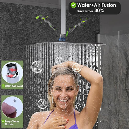Enga Dual Shower Head Shower System with Body Jets, 12" Ceiling Mounted Rain Shower Head & 6" Wall Mounted Head Full Body Rainfall Shower Faucet with Valve Kit, Chrome