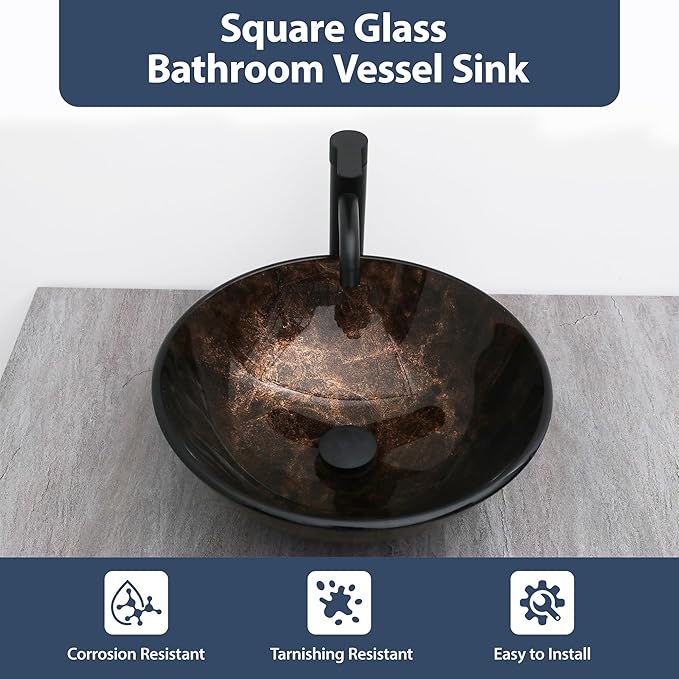 Logmey 16" Glass Bathroom Vessel Sink Vanity Countertop Round Bowl with Black Faucet and Chrome Pop up Drain Set,Glass Art Basin,Dark Bronze