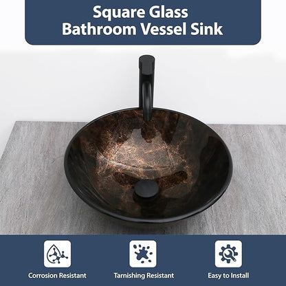 Logmey 16" Glass Bathroom Vessel Sink Vanity Countertop Round Bowl with Black Faucet and Chrome Pop up Drain Set,Glass Art Basin,Dark Bronze