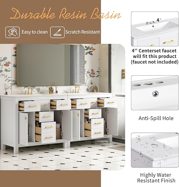 72 Inch White Bathroom Vanity with Double Sink,Modern Double Sink Vanity with 8 Drawers & 4 Cabinets,Soft Closing Doors with Gold Handles,Solid Wood Frame,Grid Front(2 * 36 Inch)