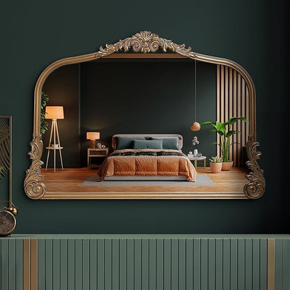 English Estate Carved Arch Wood Wall Mirror, Mirror for Entryway, Living Room, Bathroom, Antique Gold, 26x37