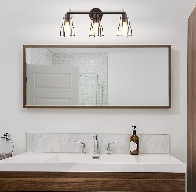 JONATHAN Y 24" Oil Rubbed Bronze Modern Industrial Metal Vanity Light, Bathroom Sconce for Mirror, Reversible 3-Light Wall Lamp with Metal Cage Shade for Hallway, LED Bulb Included (JYL7421A)