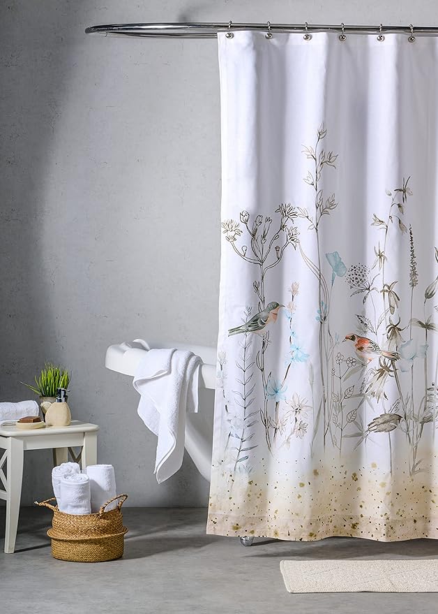 Maison d' Hermine Shower Curtain 100% Cotton One Panel 70"x72" Washable Fabric Shower Curtains for Bathroom, Easy Hanging with 12 Button Holes - Hotel Spa Easter Gifts (Meadow Florals - Brown)