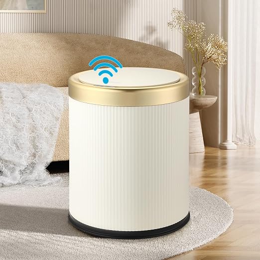 Automatic Bathroom Trash Can with Lid,Motion Sensor Small Trash cans | 2.8 Gallon Touchless Garbage Can, Cute Small Plastic Wastebasket,Sensor White and Gold Trash Bin for kitchen,Bedroom,Office