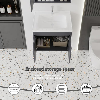 24'' Bathroom Vanity with Ceramic Sink Combo, Wall Mounted Small Bathroom Vanity with Soft-Close Door Modern Floating Cabinet, Pop-up Drain, P-Trap Included, Gray(No Faucet)