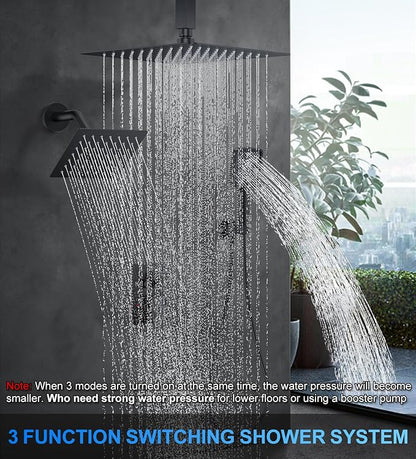 Shower Faucet Set, 12" Ceiling Mount Rainfall Shower System with 12'' Top Head+6'' Side Head and Multi-function Handheld Head Push Button Diverter Shower Faucet Trim Kit (12", Matte Black)