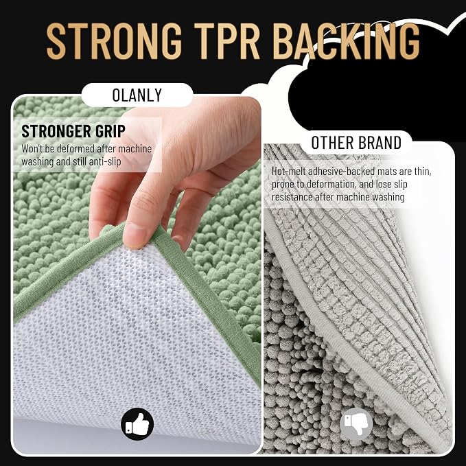 OLANLY Thick Large Bathroom Rugs 50x30, Chenille Bath Rugs, Sage Green | Absorbent Striped, Rubber Backing, Machine Wash Dry, Bath Mats for Bathroom Floor, Tub and Shower, Home Decor Accessories