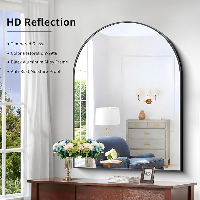 COFENY Arched Bathroom Mirror, 36x48IN Black Bathroom Mirror with Metal Frame, Wide Wall Mounted Mirrors Decor Modern Dresser Mirror for Bedroom Living Room Entryway