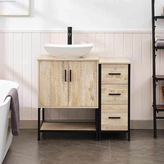 UEV 36" Rustic Oak Bathroom Vanity with Sink Combo,Industrial Iron Frame Bathroom Cabinet Sets with 3 Drawers Side Cabinet,Modern Artistic Ceramic Vessel Sink(032WH)