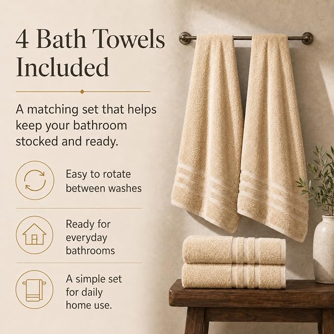 Velqora Bath Towels, 4 Pack, 30x60 in, 100% Cotton, Soft & Absorbent, Beige | Balanced Weight | Everyday Comfort | Easy Care