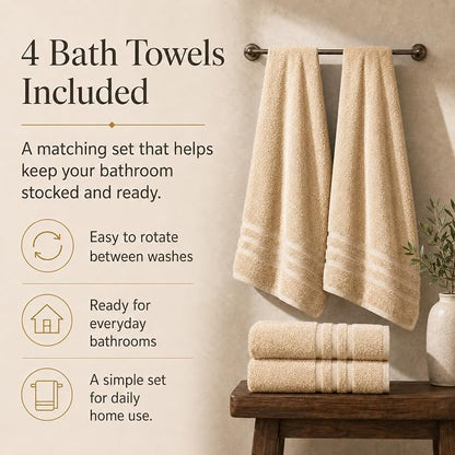 Velqora Bath Towels, 4 Pack, 30x60 in, 100% Cotton, Soft & Absorbent, Beige | Balanced Weight | Everyday Comfort | Easy Care