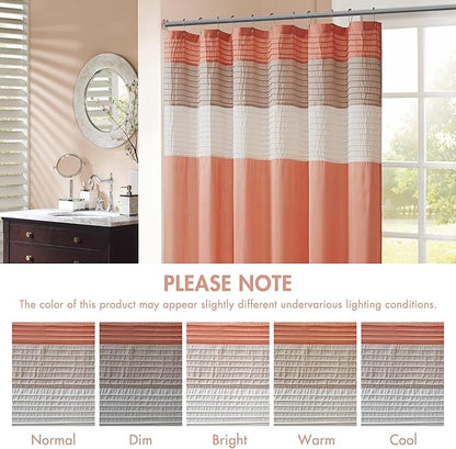 Madison Park Amherst Bathroom Shower Curtain Faux Silk Pieced Striped Modern Microfiber Bath Curtains, 72x84 Inches, Coral