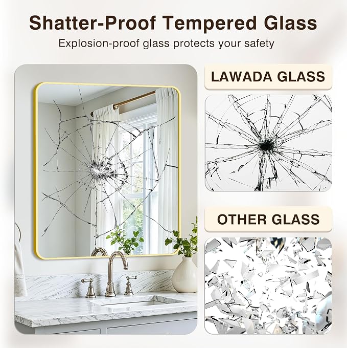Vanity Bathroom Mirror, 36”x30” Gold Bathroom Mirror for Over Sink | HD Tempered Glass, Anti-Rust Frame, Vertical or Horizontal, Wall Mirrors for Bathroom Sink, Living Room, Entryway, Bedroom