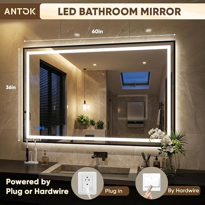 Antok 60X36 LED Bathroom Mirror with Lights, Vanity Mirror for Wall with Black Frame, Touch Control, Anti-Fog, Dimmable Lights, Shatter-Proof, Memory Function, Wall-Mounted Vanity Mirrors