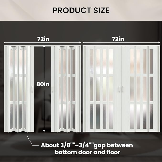 SmartStandard 72" x 80" Double Accordion Doors with Frosted Glass, White | Save Space, Full-Side Magnetic Strip, Double-Layer PVC Accordion Doors Interior for Doorway Closet, Easy to Assemble