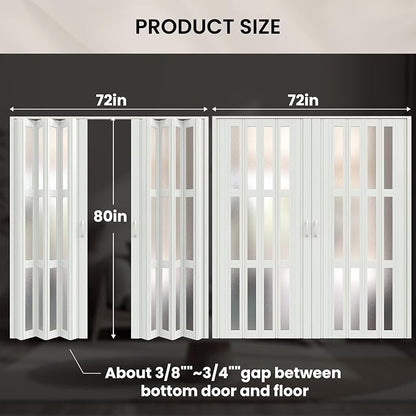 SmartStandard 72" x 80" Double Accordion Doors with Frosted Glass, White | Save Space, Full-Side Magnetic Strip, Double-Layer PVC Accordion Doors Interior for Doorway Closet, Easy to Assemble
